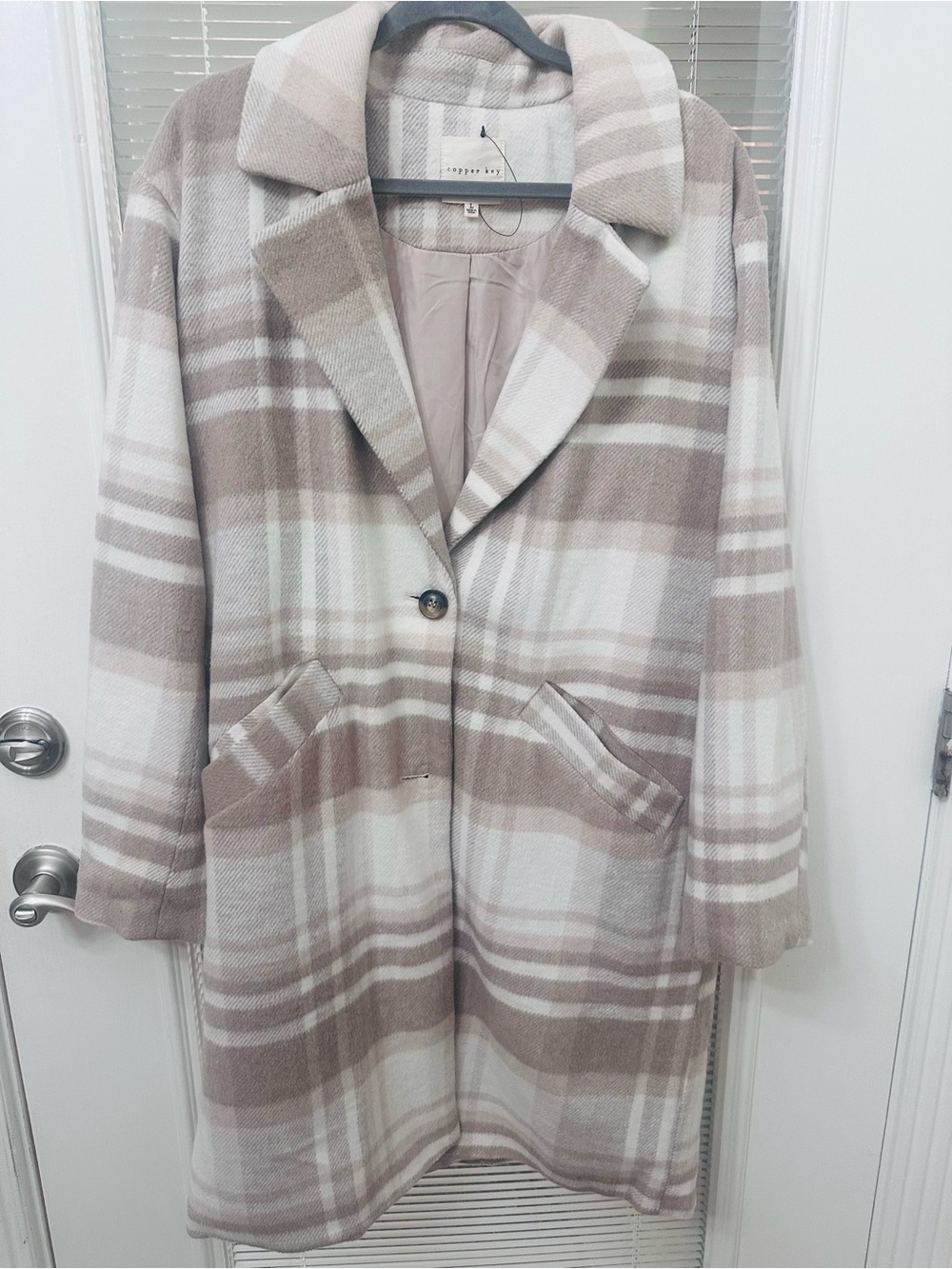 Copper Key Beige and White Plaid Single-Button Trench Coat